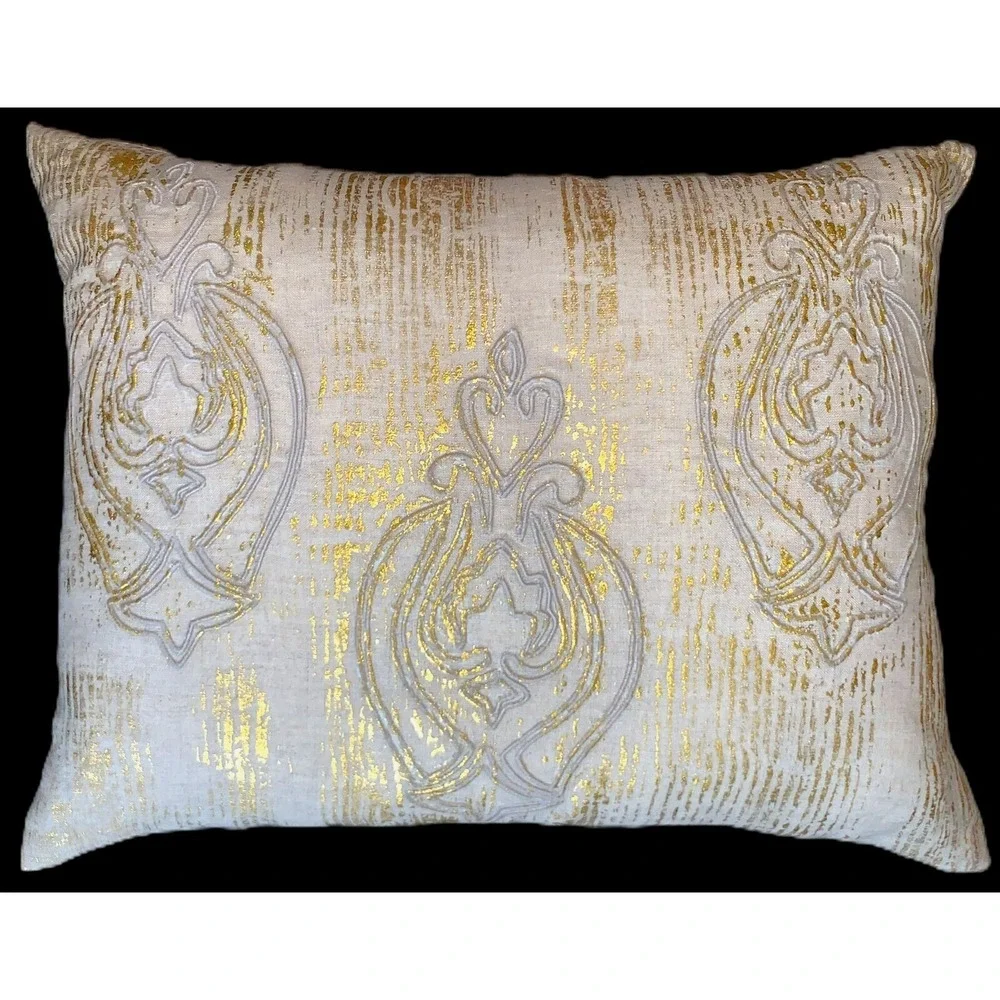 2 Gold Metallic Stump Embroidery Linen Feather Down Show Pillows Diem M. Abram
